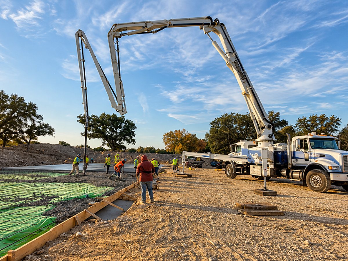 Crew pouring a large concrete slab with a pump truck at Bent Tree Country Club