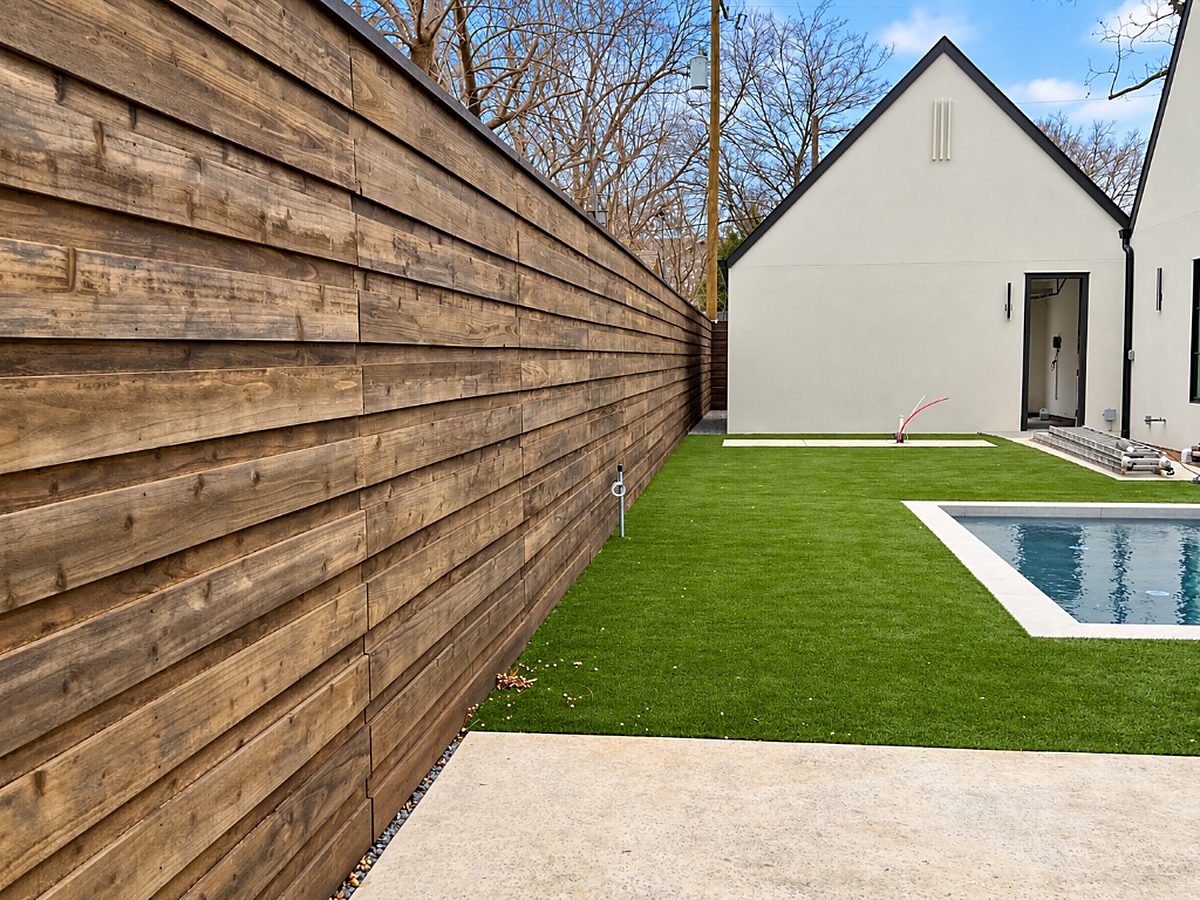 Backyard with a wood privacy fence framing a pool area, built by Texas 1st Services